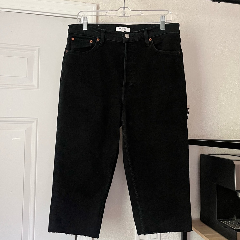 RE/DONE black cotton‎ blend denim wide barrel raw fray hem jeans